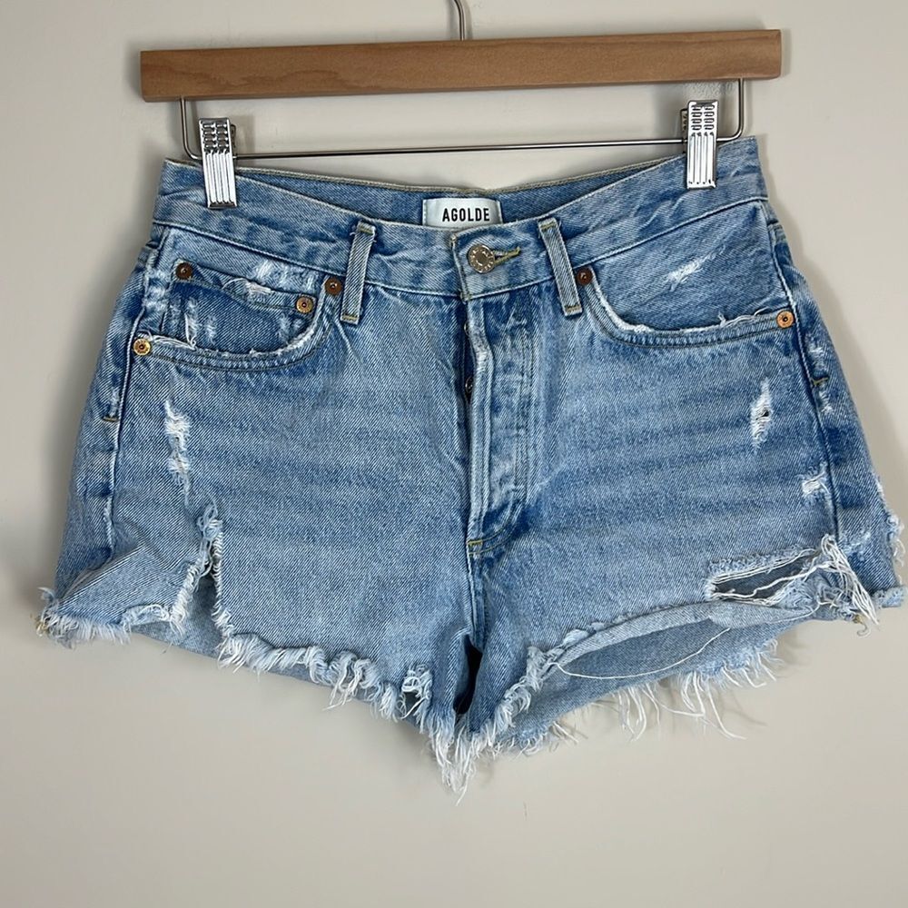 Agolde Light Blue Distressed Denim Jean Shorts